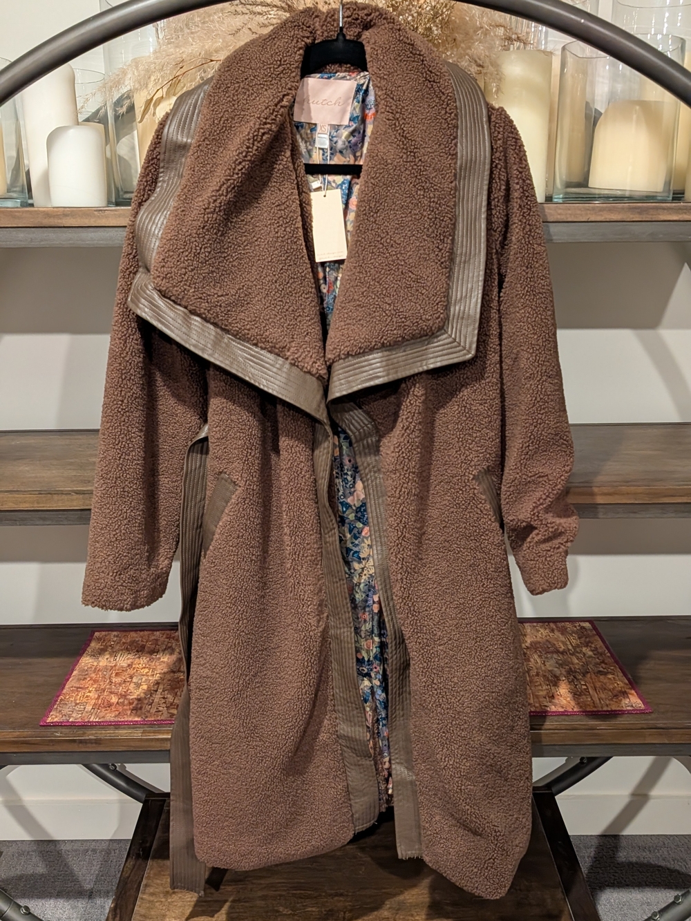 Hutch Brown Teddy Coat with Faux Leather Trim